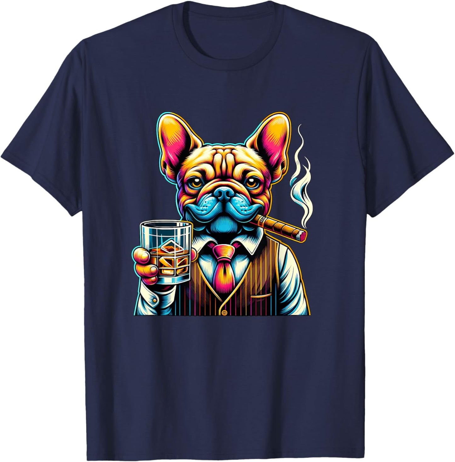 Frenchie dog Cigar And Whiskey Men Women T-Shirt - T-Shirt | Navy