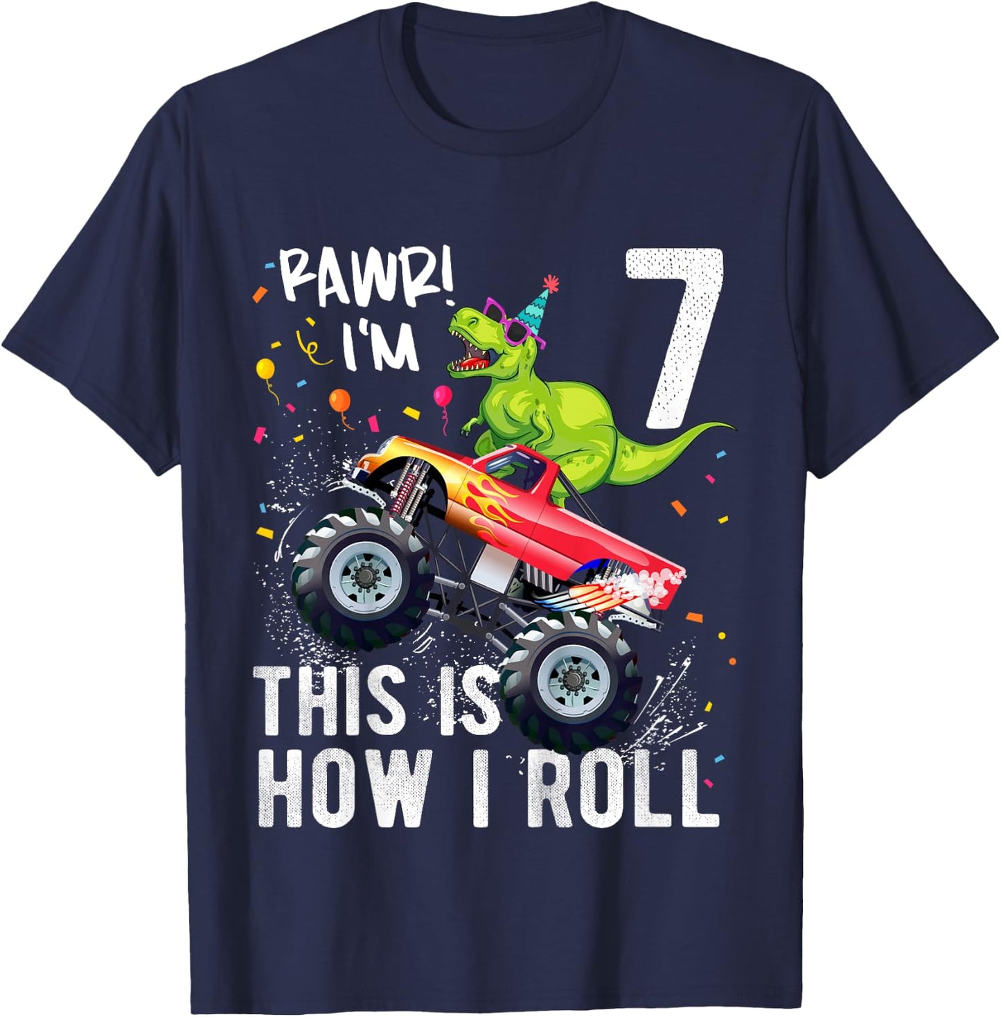 T Rex Dinosaur Monster Truck 7th Birthday Boys and Girls T-Shirt - T-Shirt | Navy