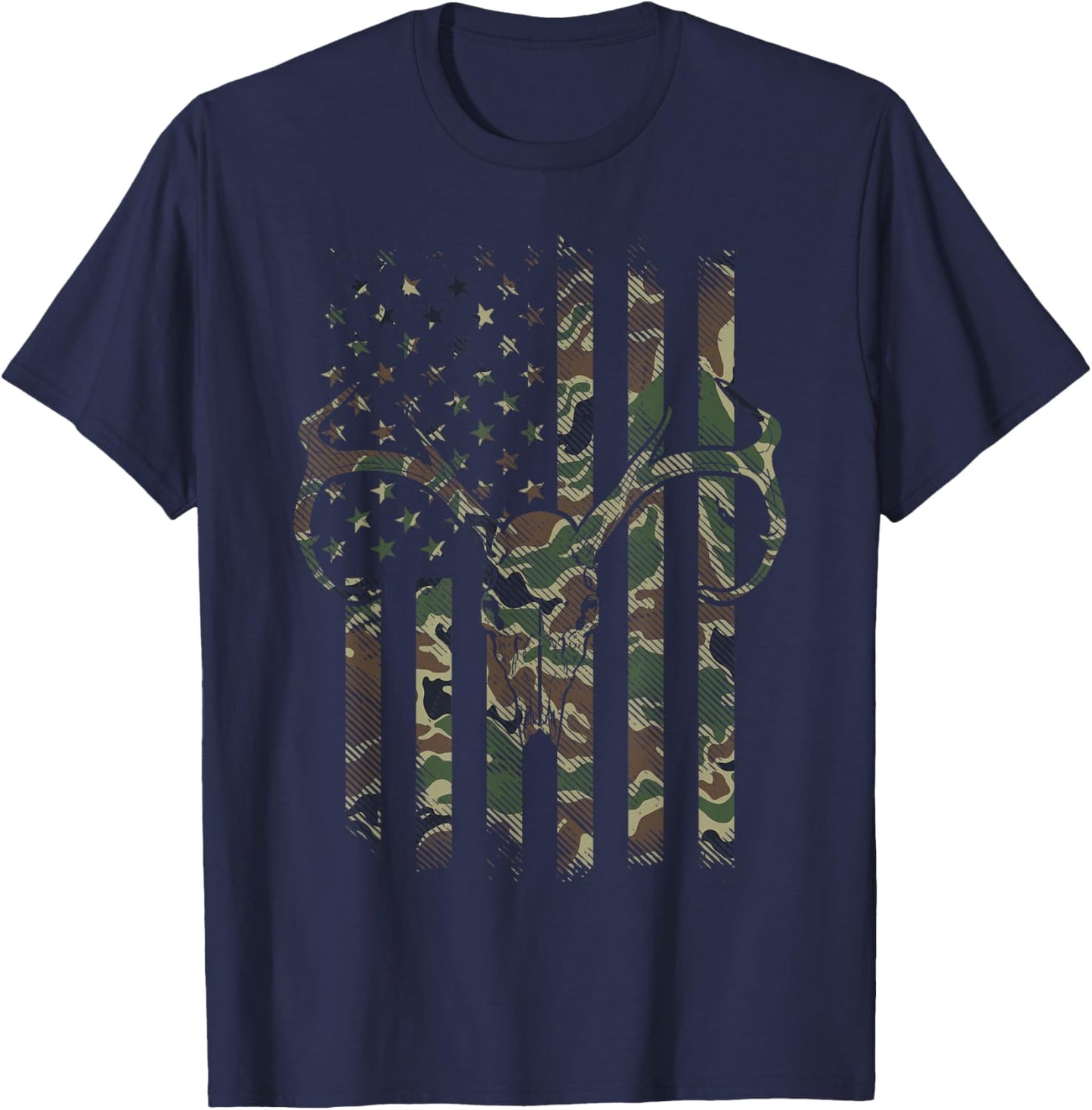 Camo American Flag Deer Skull Elk Hunting USA Hunter Gift T-Shirt - T-Shirt | Navy