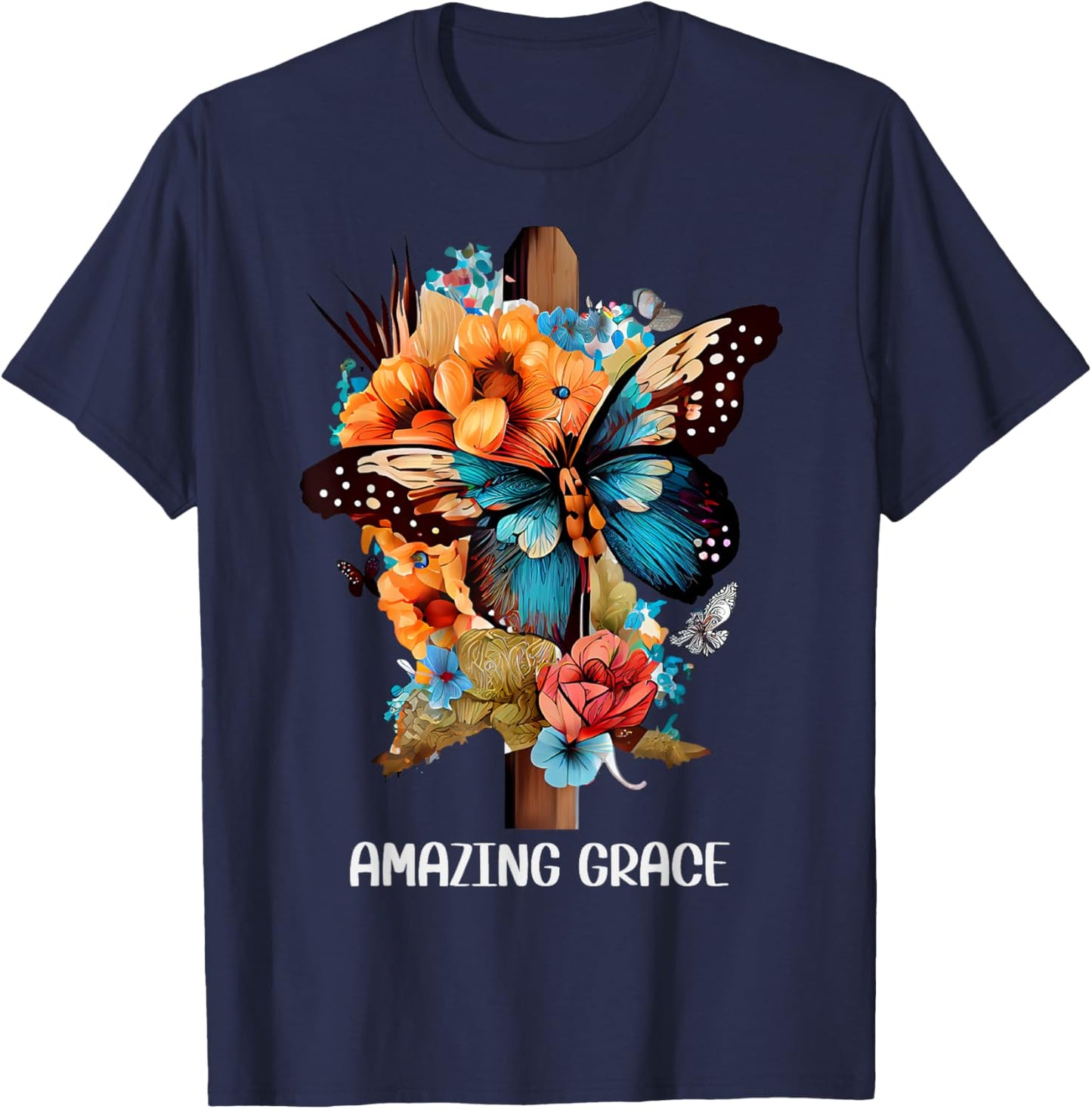 Amazing grace Christian Cross Butterfly Flowers Floral Faith T-Shirt - T-Shirt | Navy