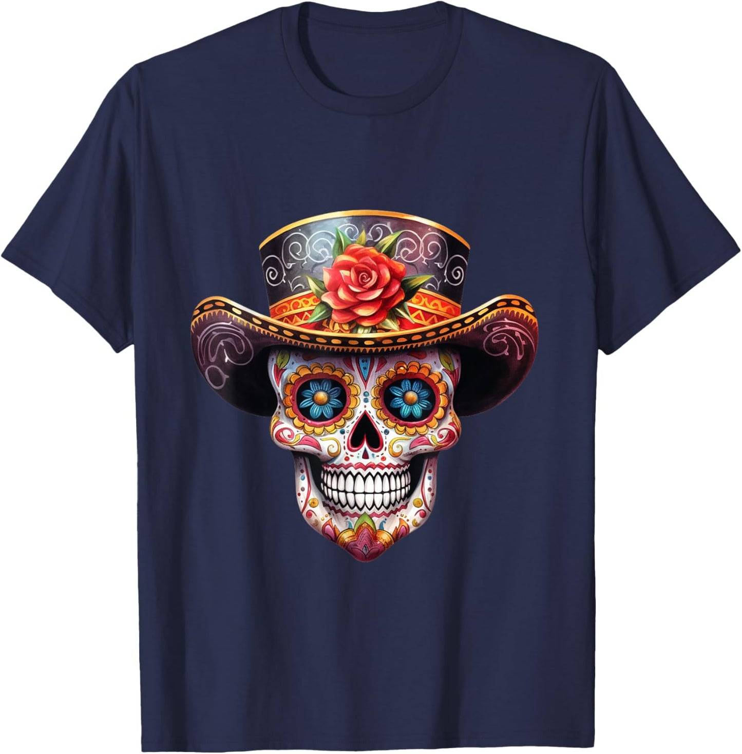 Sugar Skull Black White Image Day Dead Dios De Los Muertos T-Shirt - T-Shirt | Navy
