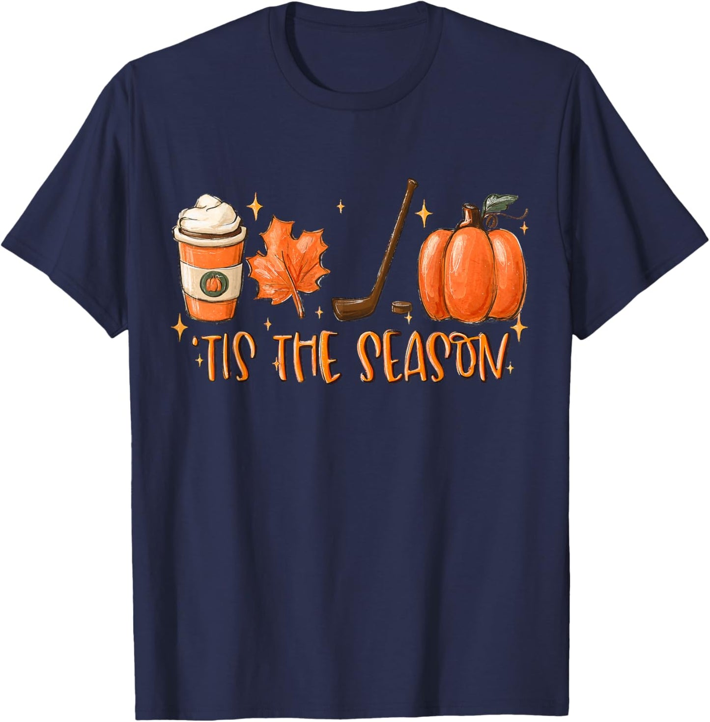 Tis The Season Hockey Latte Leaves Hello Pumpkin Halloween T-Shirt - T-Shirt | Navy