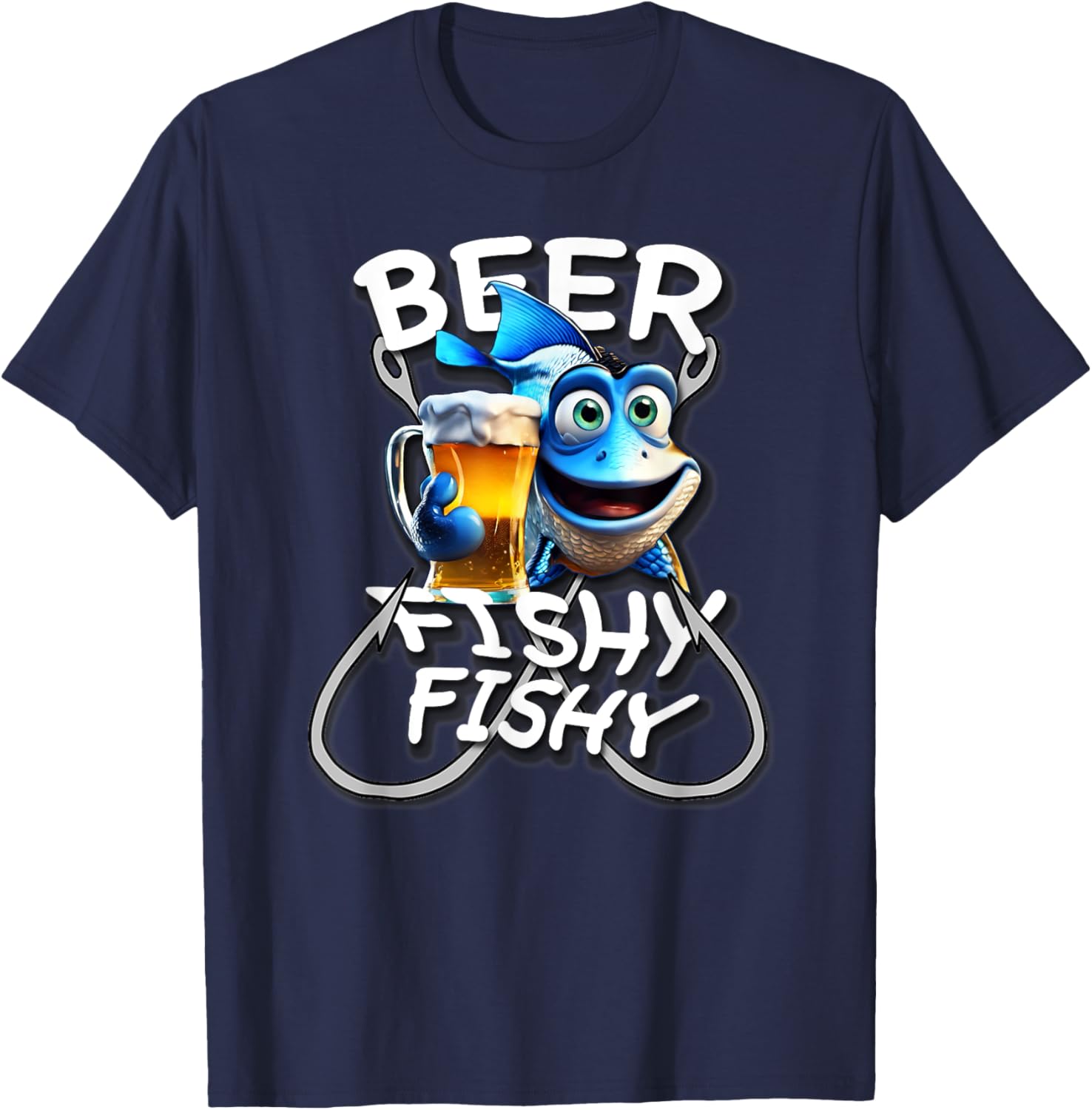 Beer Fishy Fishy Funny Fish Holding A Beer, By Yoraytees T-Shirt - T-Shirt | Navy