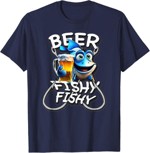 Beer Fishy Fishy Funny Fish Holding A Beer, By Yoraytees T-Shirt - T-Shirt | Navy