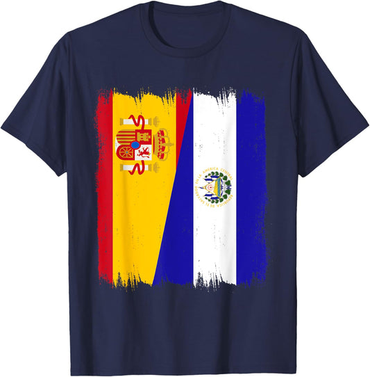 Spain El Salvador Flag Spanish Salvadorian Roots T-Shirt - T-Shirt | Navy