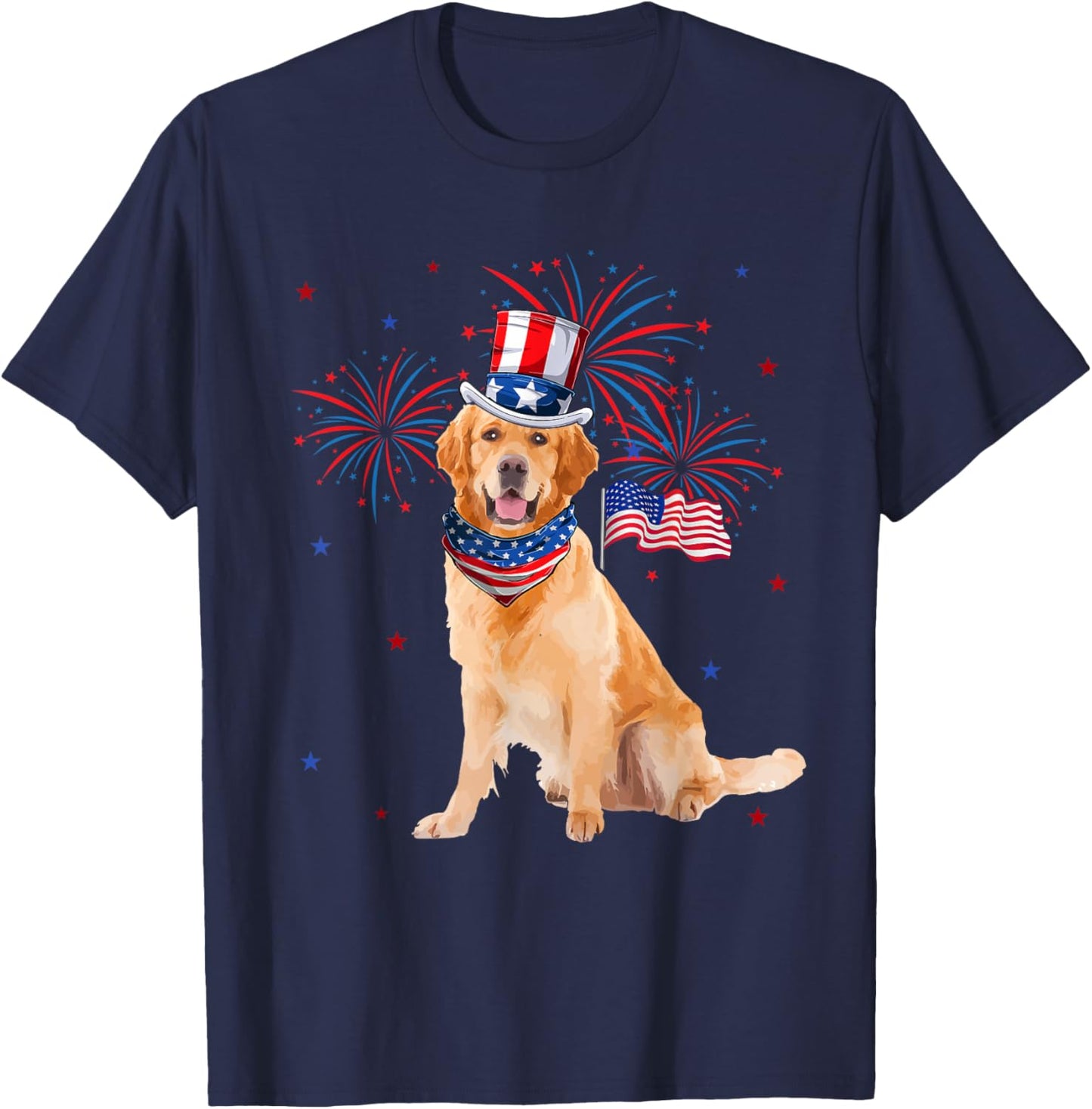 Golden Retriever Costume American Flag 4th of July Fireworks Women Kids Men T-Shirt - T-Shirt | Navy