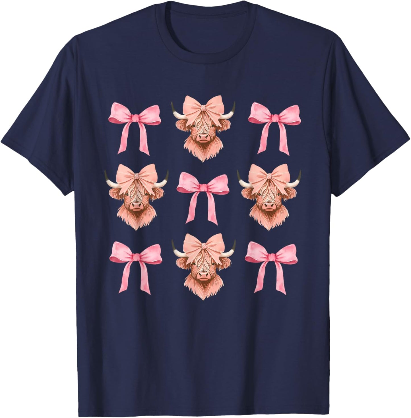 Pink Bow Cute Coquette Highland Cow Cowgirl Aesthetic T-Shirt - T-Shirt | Navy
