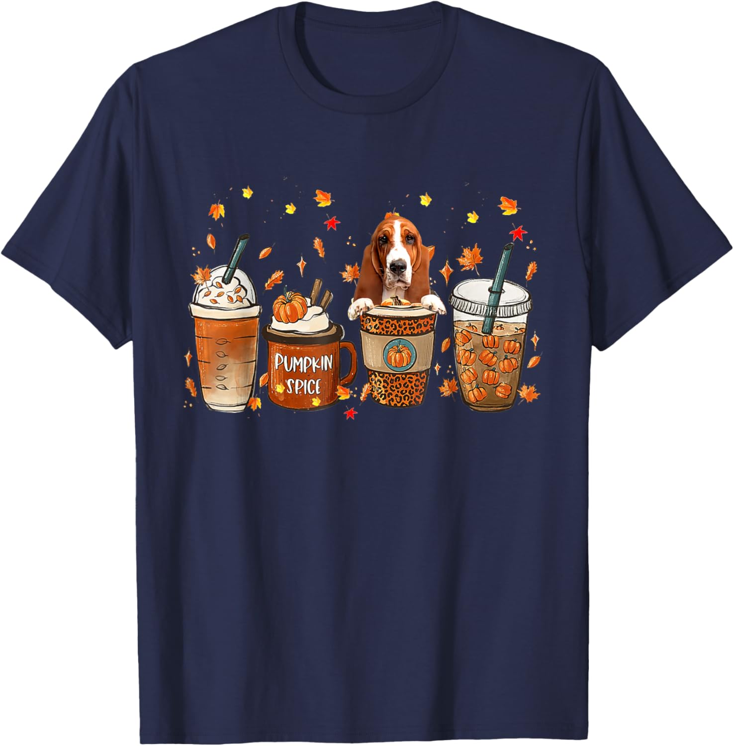 Basset Hound Fall Coffee Pumpkin Spice Latte Iced Autumn T-Shirt - T-Shirt | Navy