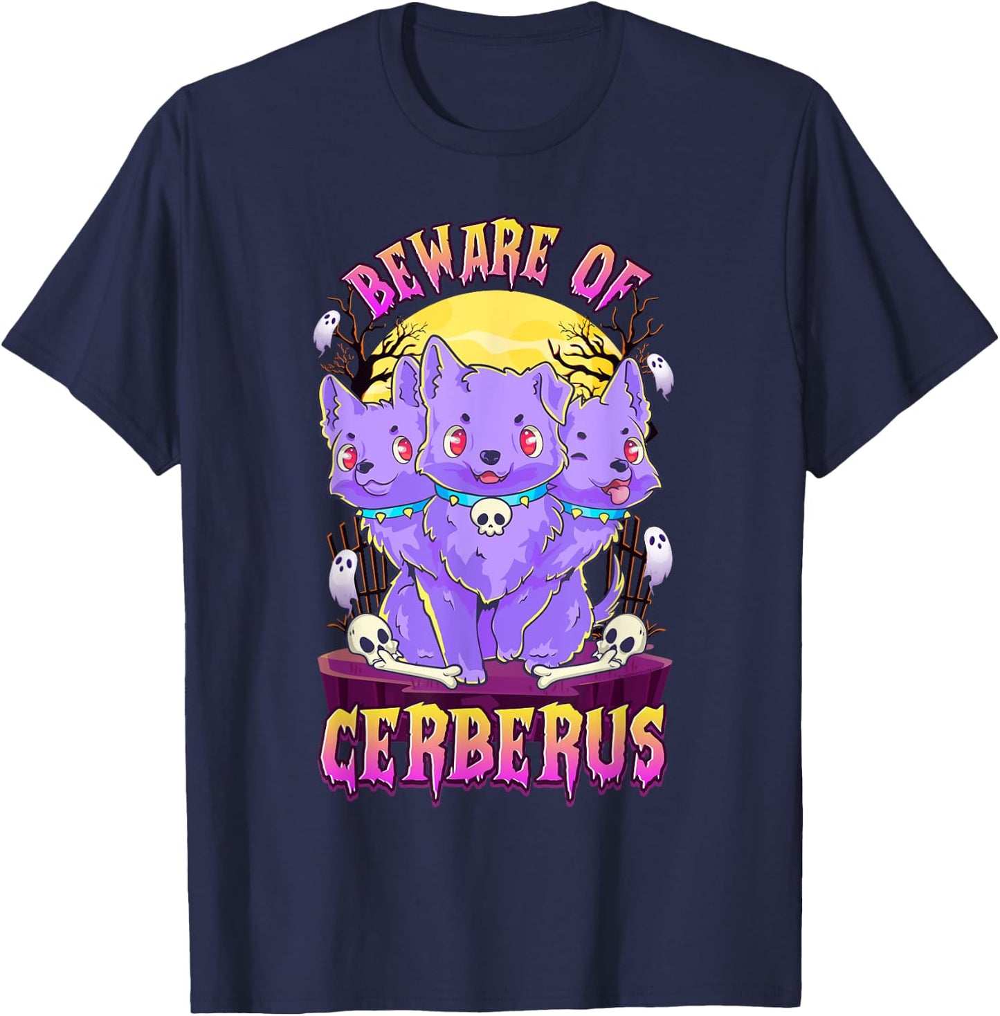 Kawaii Pastel Goth Cute Creepy 3-Headed Dog Funny Cerberus Men Women T-Shirt - T-Shirt | Navy
