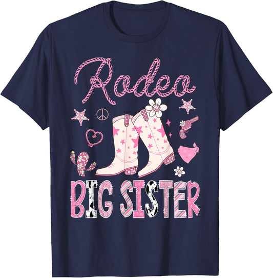 Rodeo Big Sister Pink Boots Disco CowGirl Birthday Party T-Shirt - T-Shirt | Navy