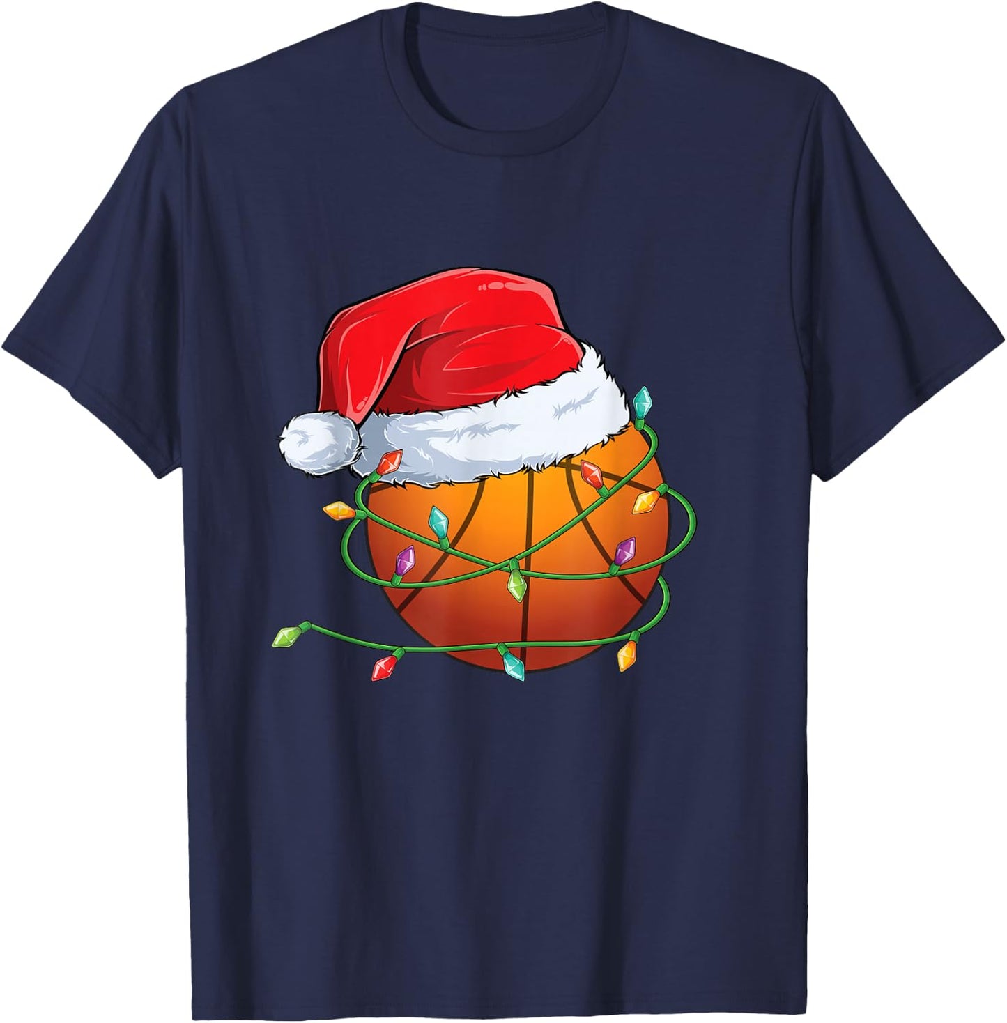 Christmas Basketball Santa Hat wrapped in Holiday Lights T-Shirt - T-Shirt | Navy