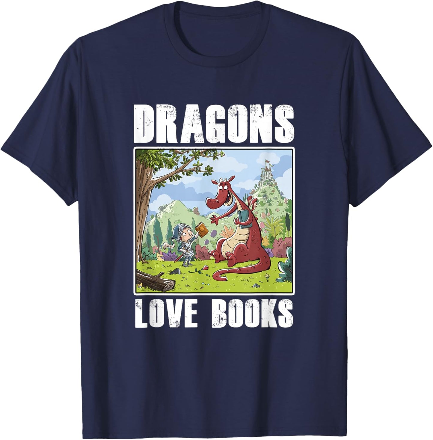 Dragons Love Books Book Lover Literature Read Reading Gift T-Shirt - T-Shirt | Navy