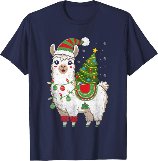 Llama Christmas Tree Cute X-mas Lights Festive Holiday T-Shirt - T-Shirt | Navy