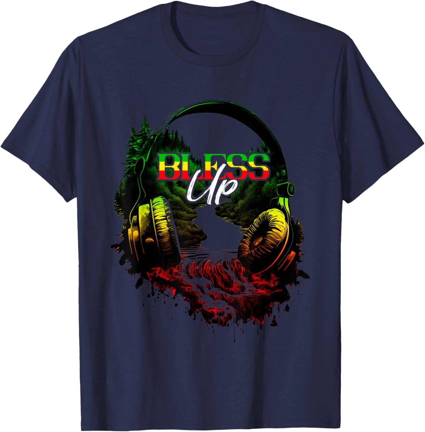 Bless Up Headphone Jamaica Reggae Music Lover Rasta Reggae T-Shirt - T-Shirt | Navy