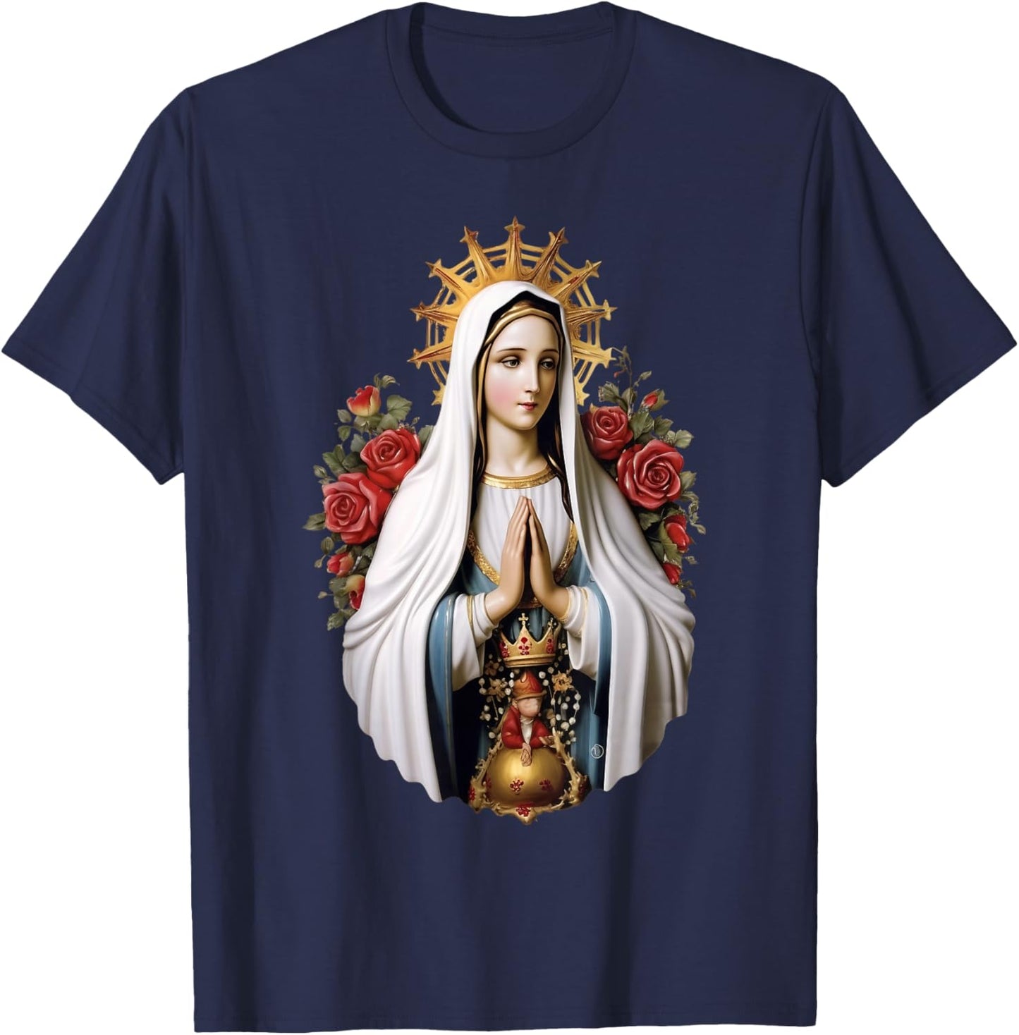 Our Lady of Fatima with Rosary Catholic Christian Faith T-Shirt - T-Shirt | Navy