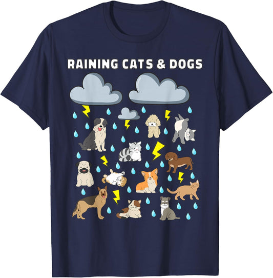 Funny English Idiom Raining Cats and Dogs Puppies Kitten T-Shirt - T-Shirt | Navy