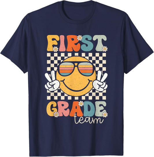 First Grade Team Smile Retro 1st Day of School 1st Grade T-Shirt - T-Shirt | Navy