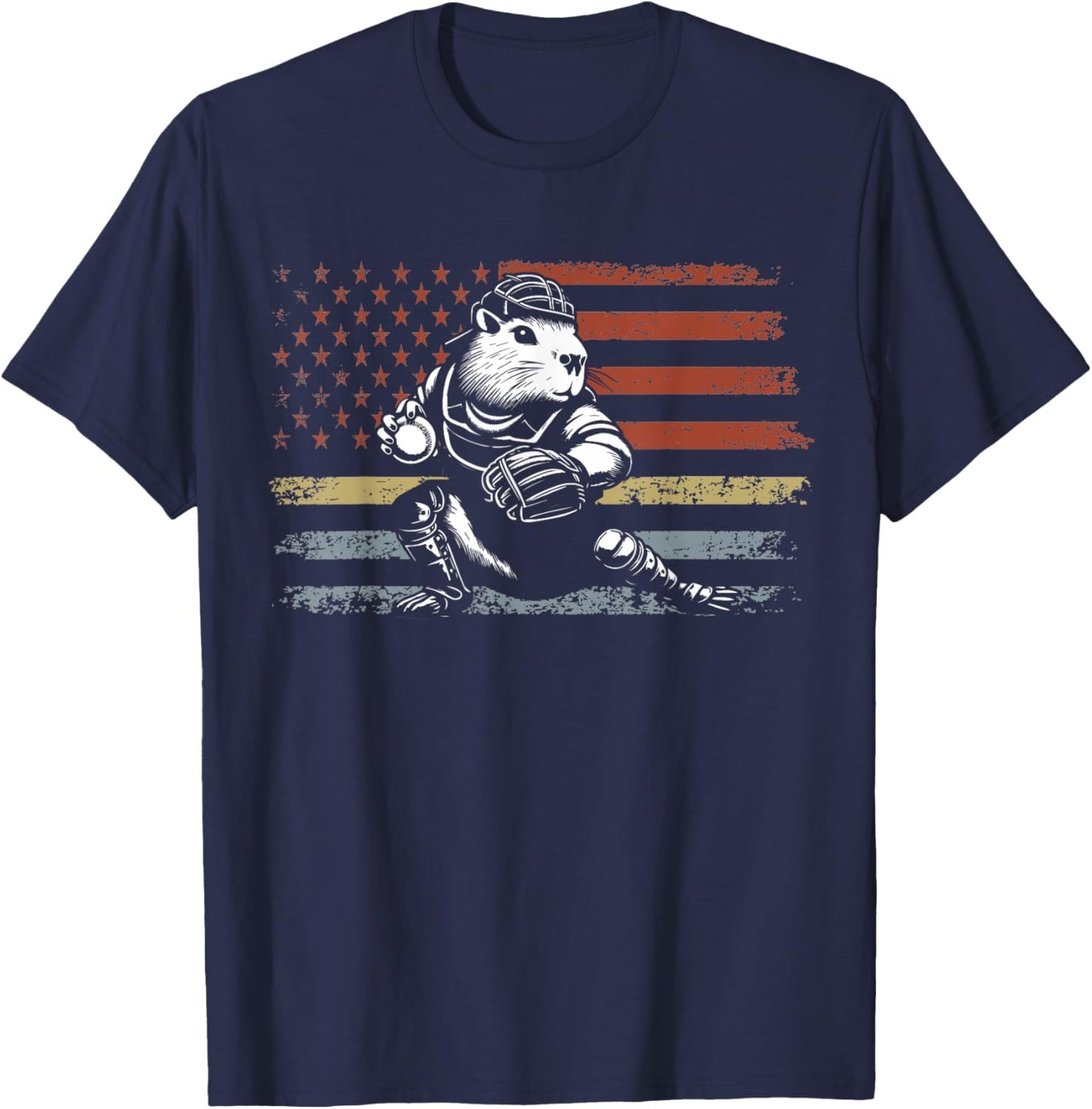 Capybara Baseball Retro Usa Flag Capybara Catcher Baseball T-Shirt - T-Shirt | Navy