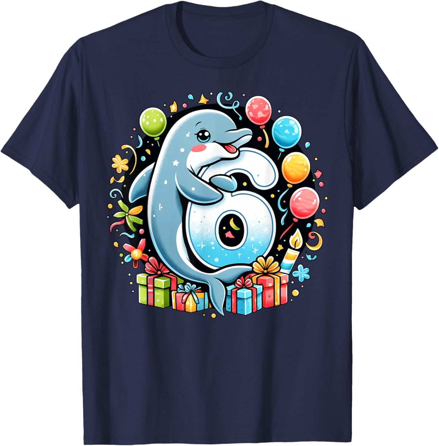 Kids Dolphin Theme sixth Bday Party 6th Dolphin Birthday T-Shirt - T-Shirt | Navy