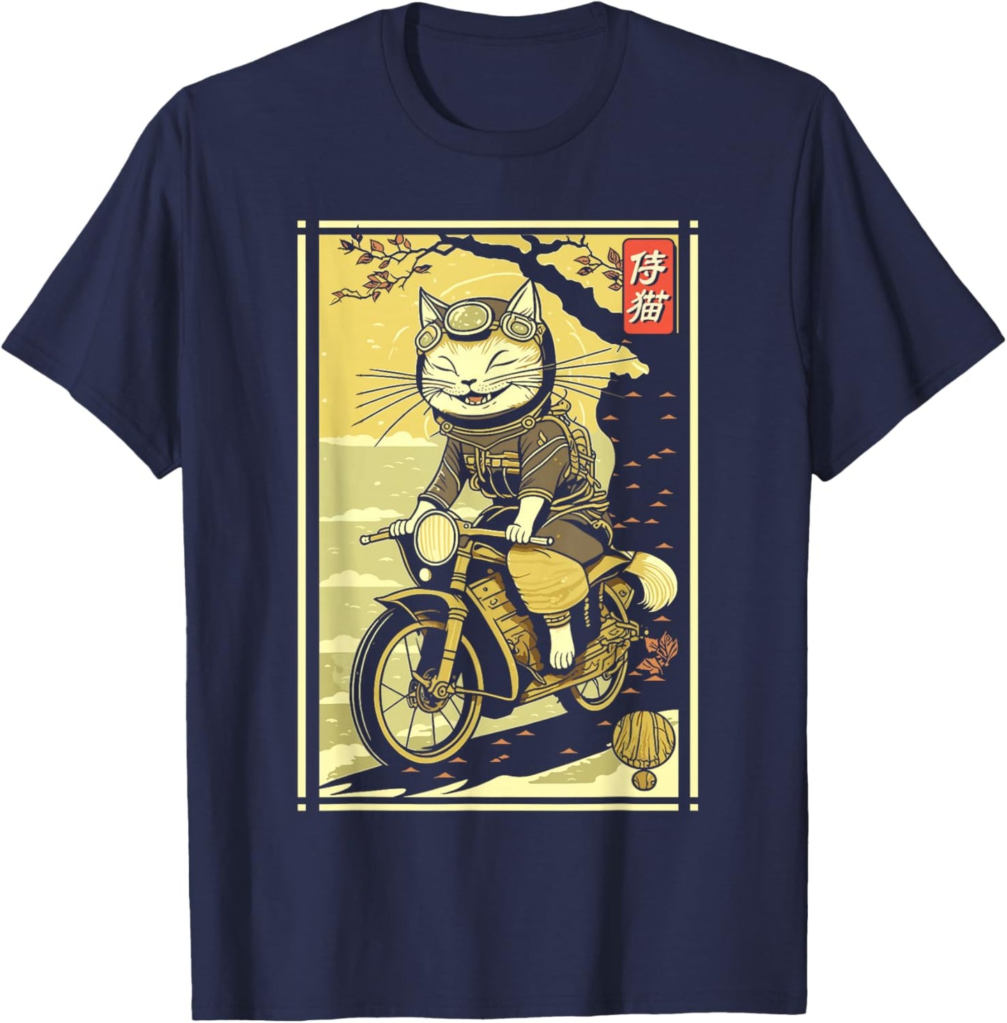 Japanese Samurai Cat on Motorcycle Kawaii Ninja Cat T-Shirt - T-Shirt | Navy