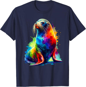 Colorful Splash Art Sea Lion Sea Lions T-Shirt - T-Shirt | Navy