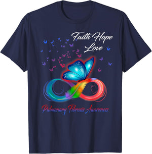 Butterfly Faith Hope Love Pulmonary Fibrosis Awareness T-Shirt - T-Shirt | Navy