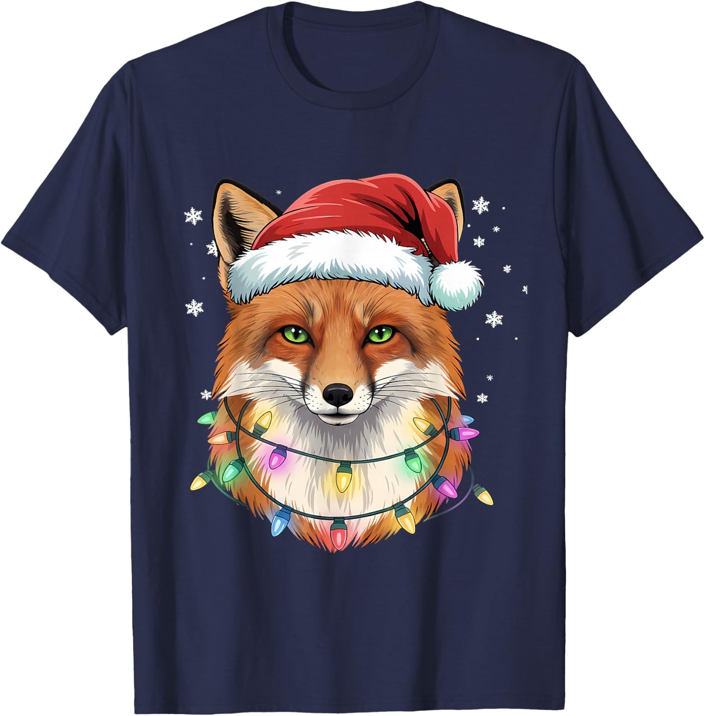 Christmas Lights Fox Santa Hat Cute Xmas Pajamas T-Shirt - T-Shirt | Navy