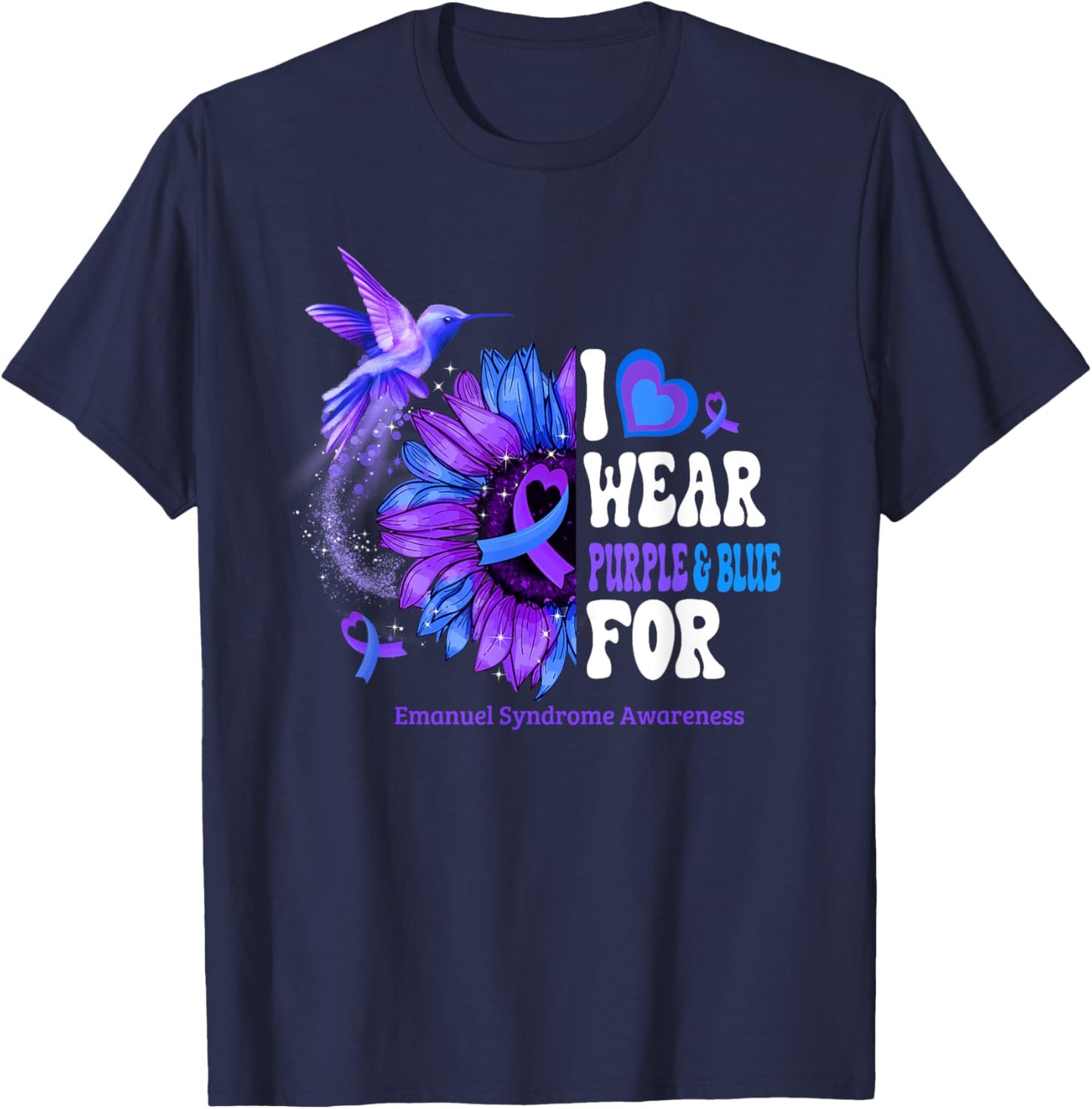I Wear Purple Blue For Emanuel Syndrome Awareness Sunflower T-Shirt - T-Shirt | Navy