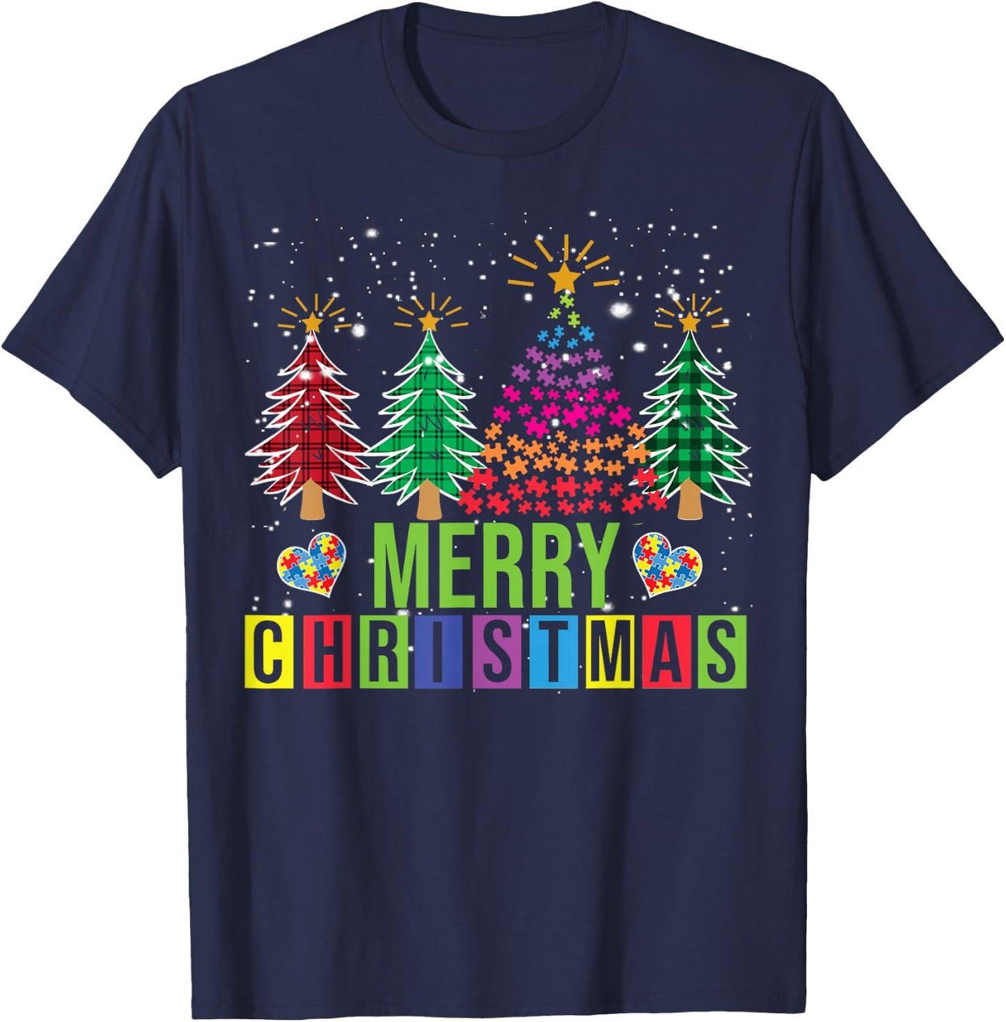 Autism Merry Christmas Tree Buffalo Plaid Matching Family T-Shirt - T-Shirt | Navy