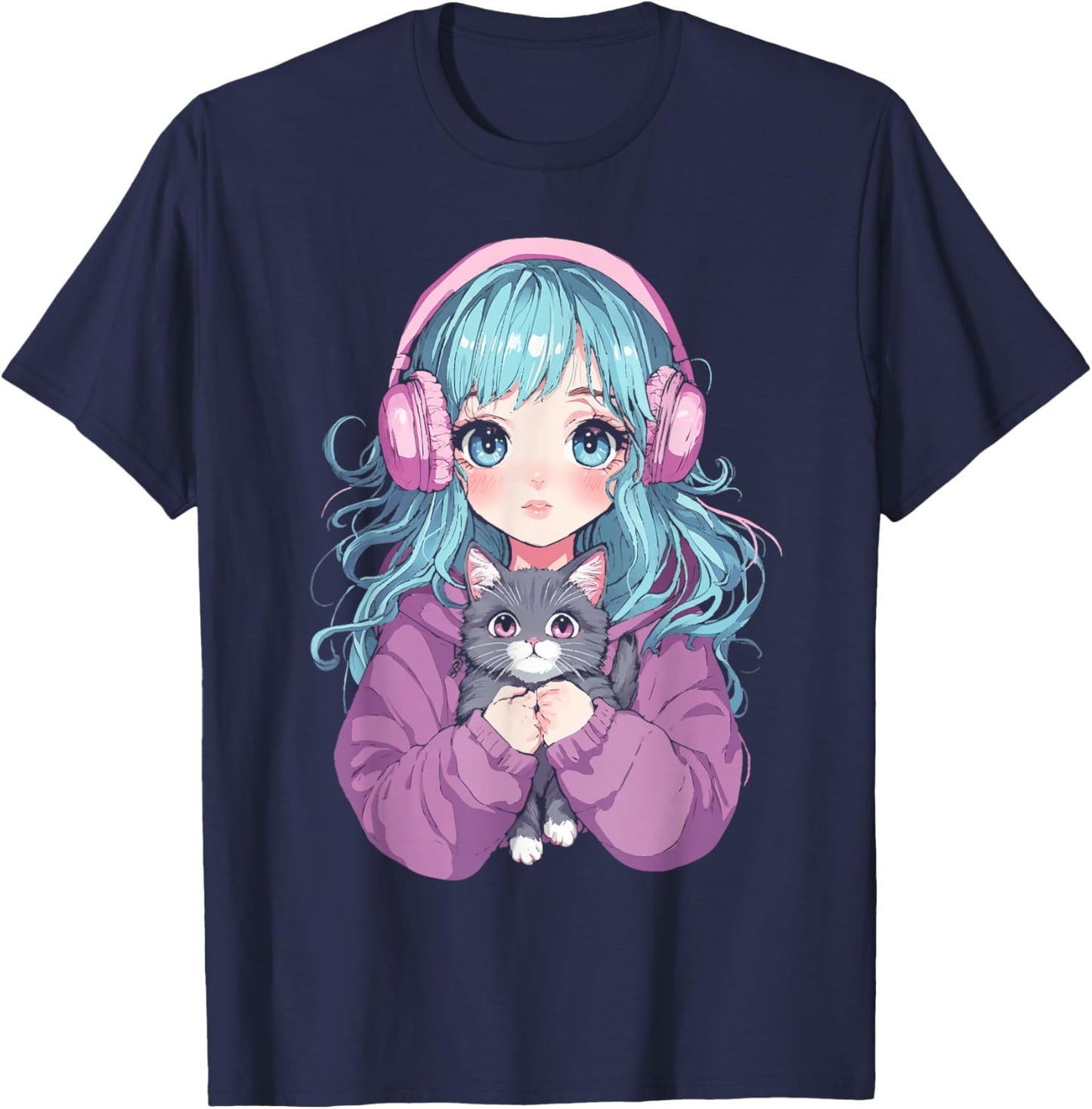 Anime Girl Cat Japanese Kawaii Teens Girls T-Shirt - T-Shirt | Navy