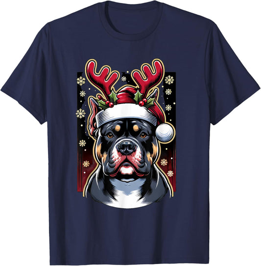 Christmas American Bully Dog Reindeer T-Shirt - T-Shirt | Navy