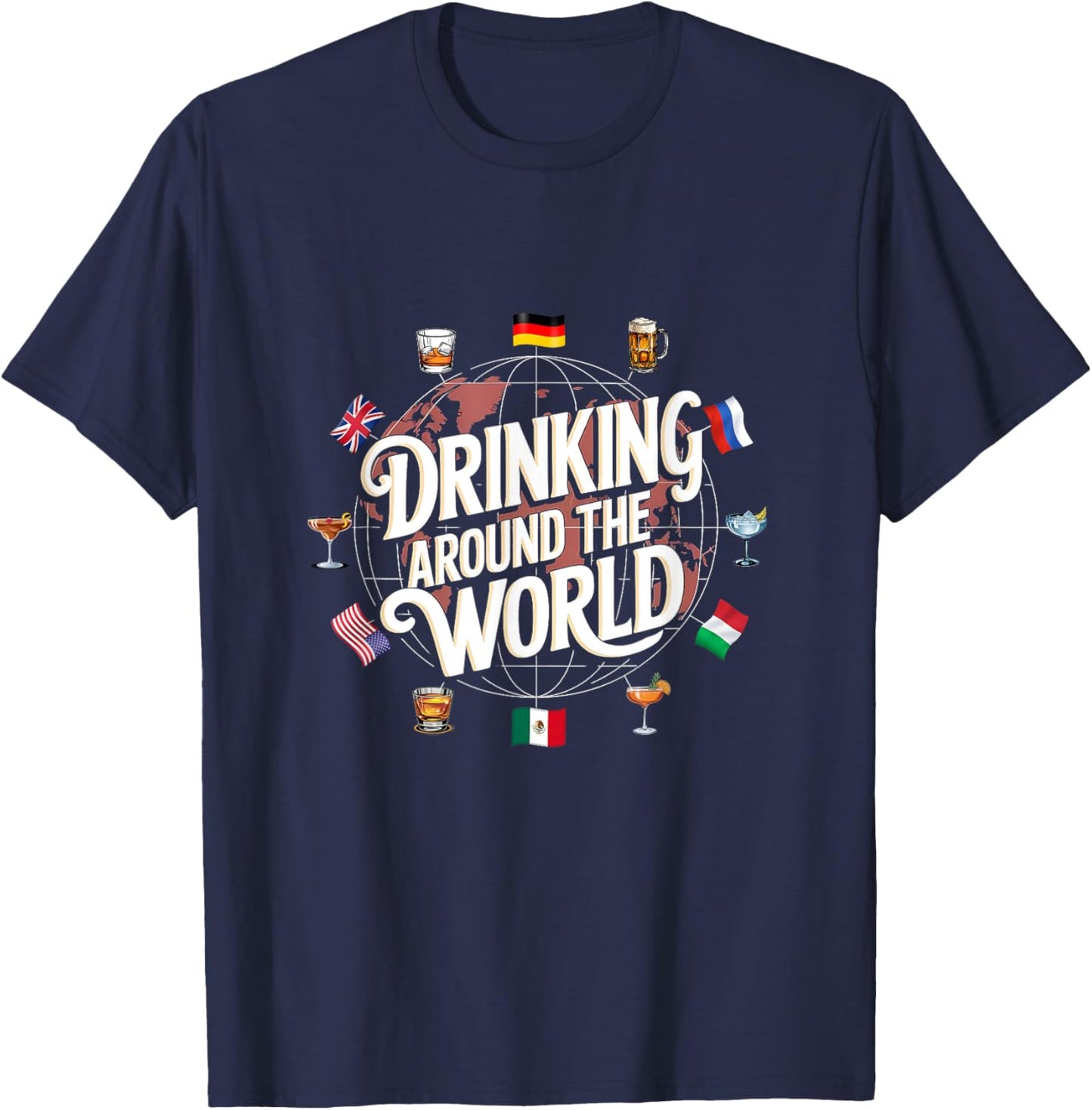 Funny Drinking Around The World Drink - Funny Drinking Around The World Drink - Black - -Adults - Short Sleeve - - Polyester 100% - Modern Cartoon Round Collar - Small T-Shirt - T-Shirt | Navy