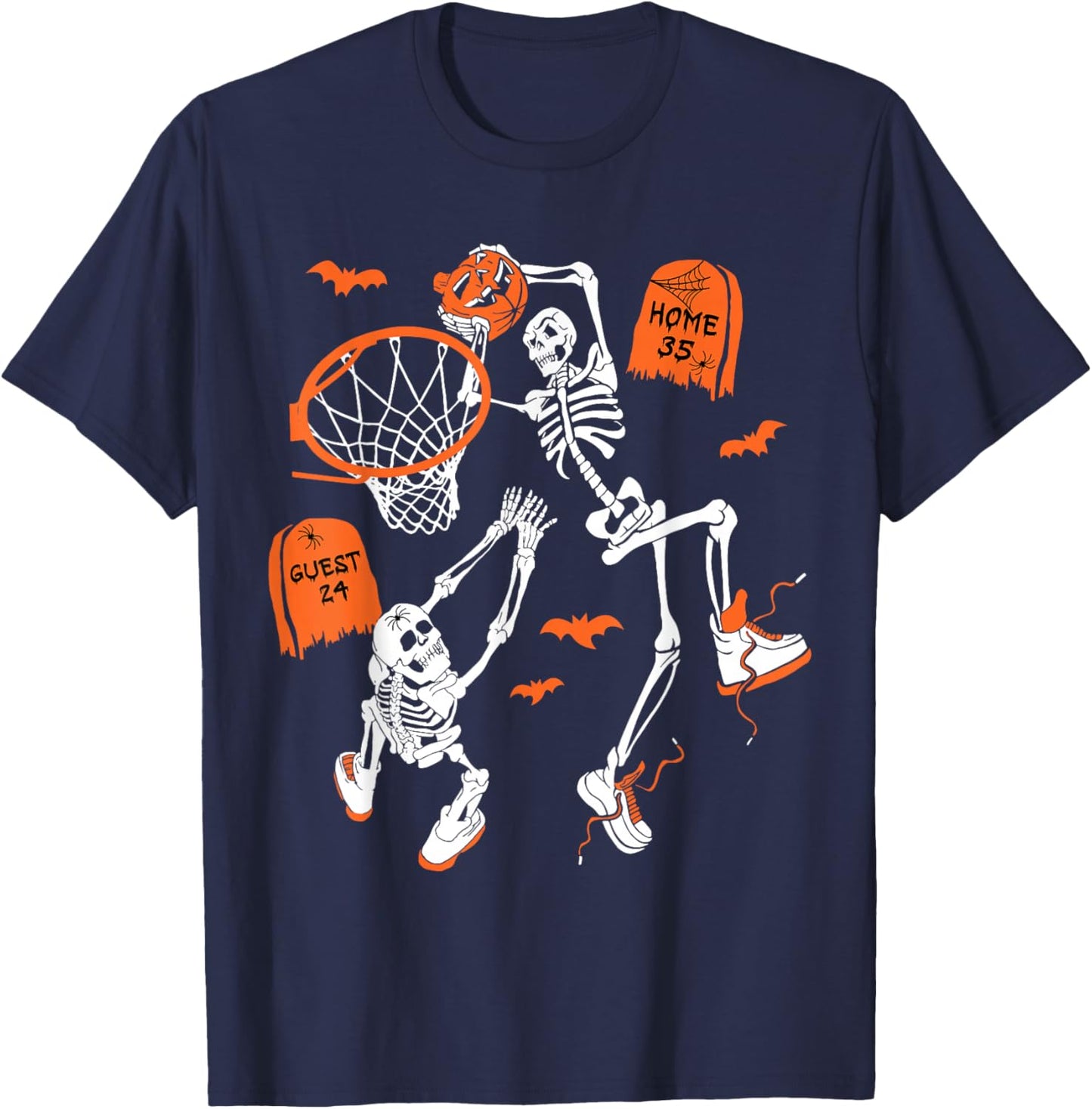Spooky Skeleton Dunking Basketball Graveyard Halloween T-Shirt - T-Shirt | Navy