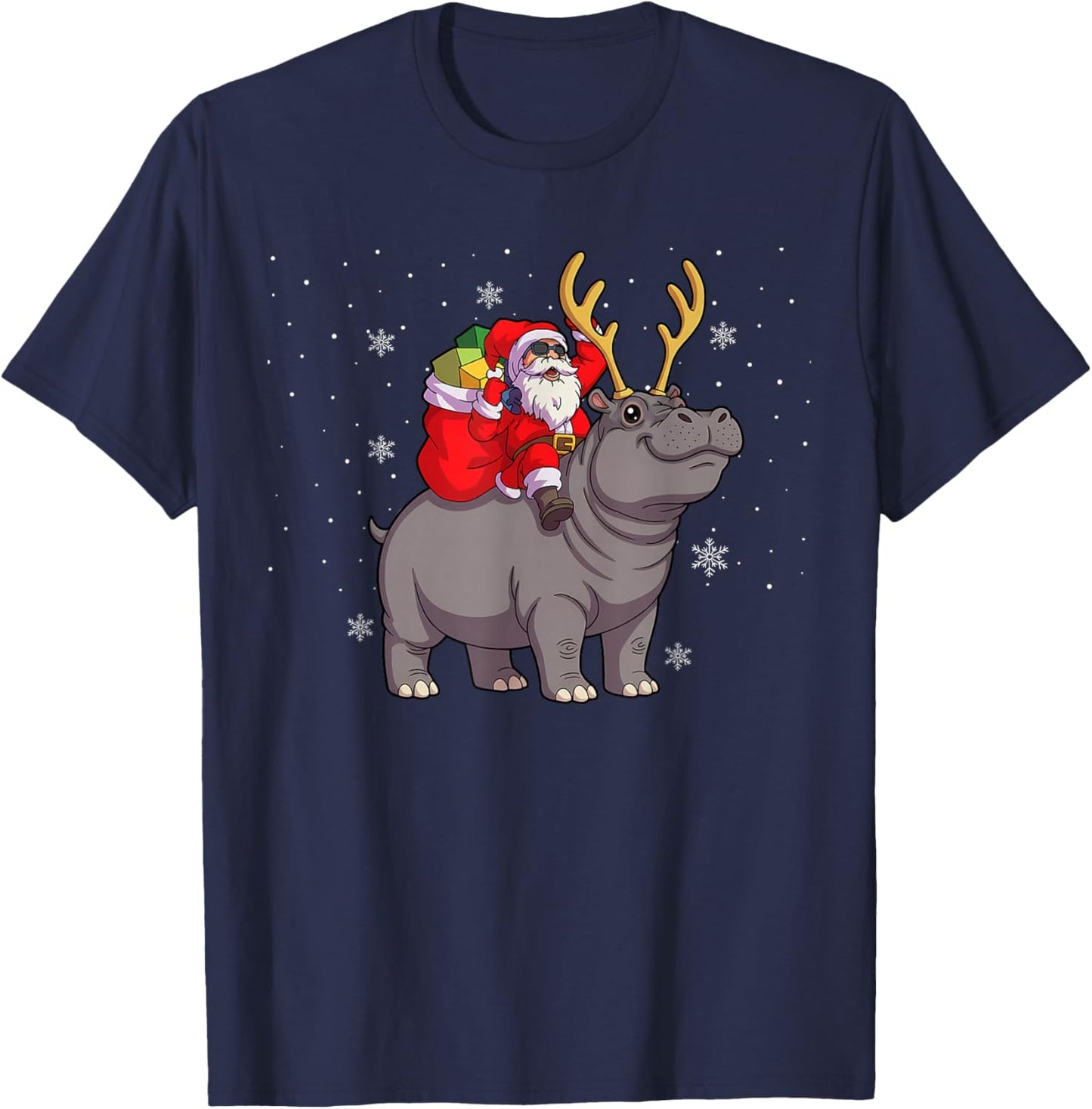 Santa Riding Hippo Deer Xmas Hippo Christmas T-Shirt - T-Shirt | Navy
