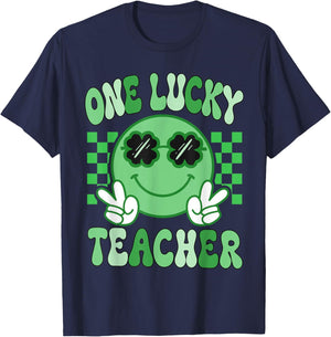 Groovy One Lucky Teacher Retro St Patricks day Teacher Vibes T-Shirt - T-Shirt | Navy