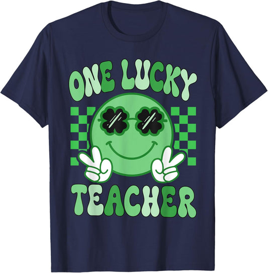 Groovy One Lucky Teacher Retro St Patricks day Teacher Vibes T-Shirt - T-Shirt | Navy