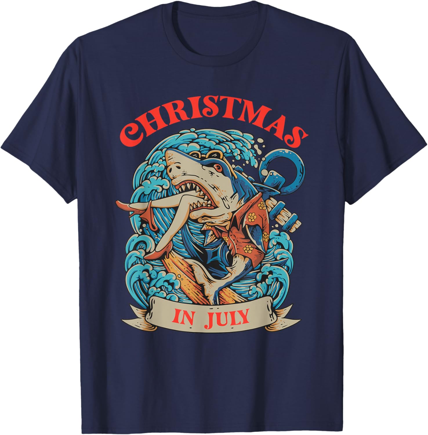 Christmas in July Summer Shark Vacation Xmas Surprise Men Women Kids T-Shirt - T-Shirt | Navy
