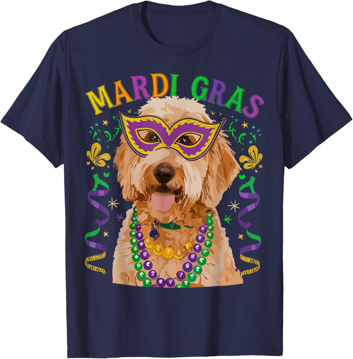 Golden Doodle Mardi Gras Beads Fleur De Lis For Dog Mom Dad T-Shirt - T-Shirt | Navy