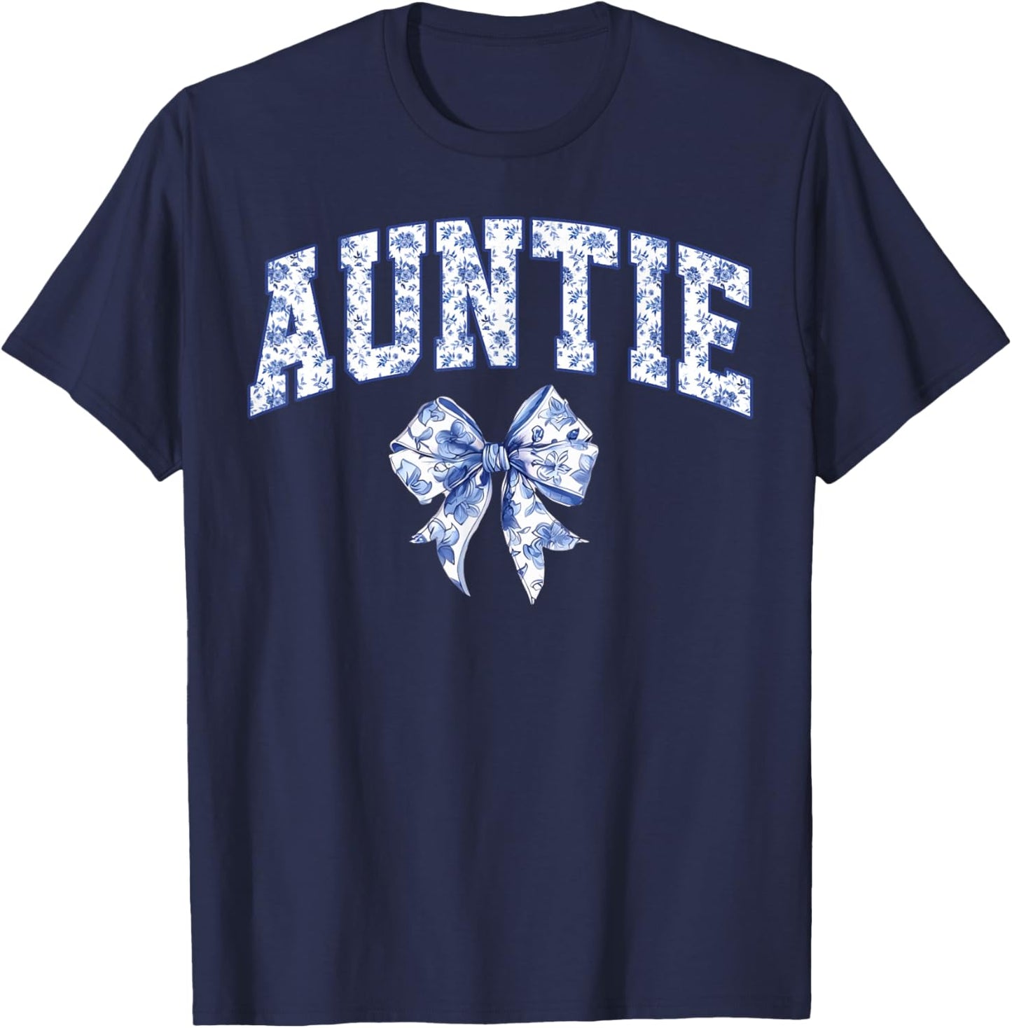 Auntie Coquette Toile Blue Bow Floral Family Matching T-Shirt - T-Shirt | Navy