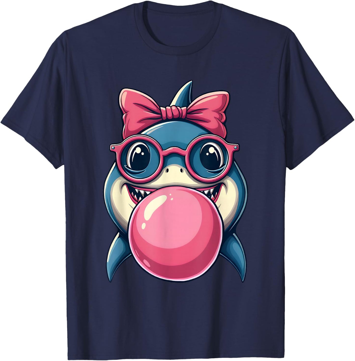 Glasses Bubblegum Cute Shark Pink Bow Funny Little Girl T-Shirt - T-Shirt | Navy
