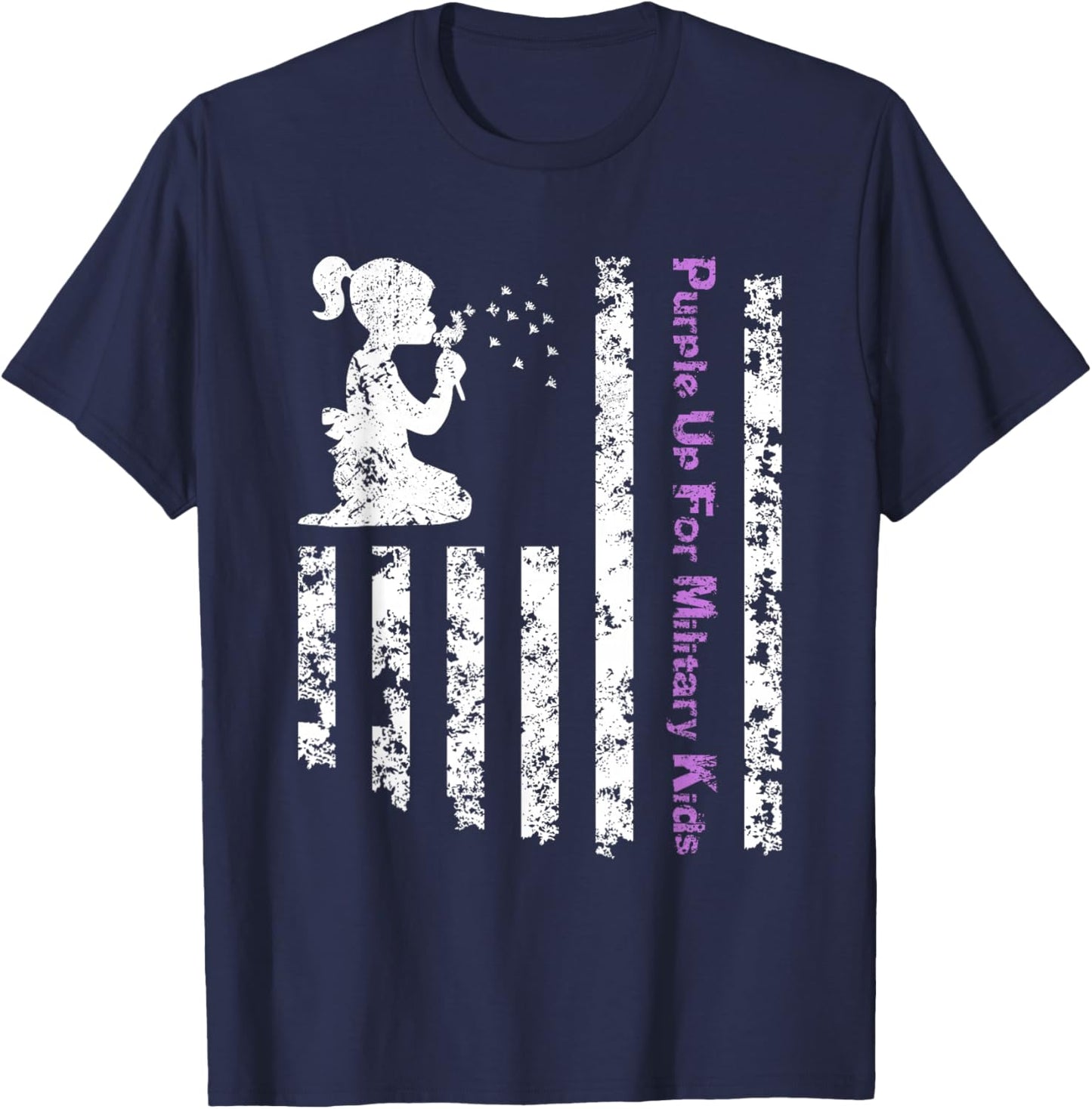 Purple Up For Military Kids Army Child Dandelion US Flag T-Shirt - T-Shirt | Navy