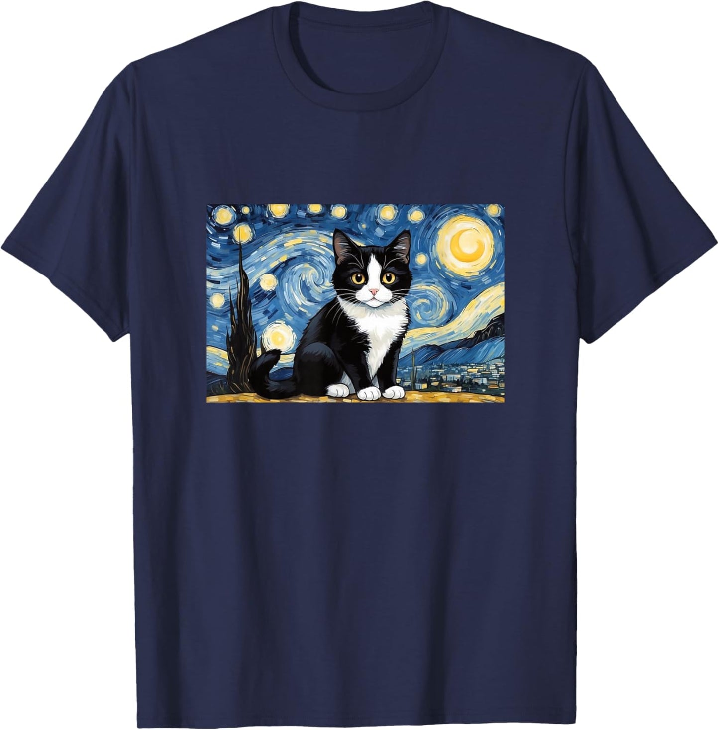 Cat Tuxedo Funny Design Starry Night T-Shirt - T-Shirt | Navy