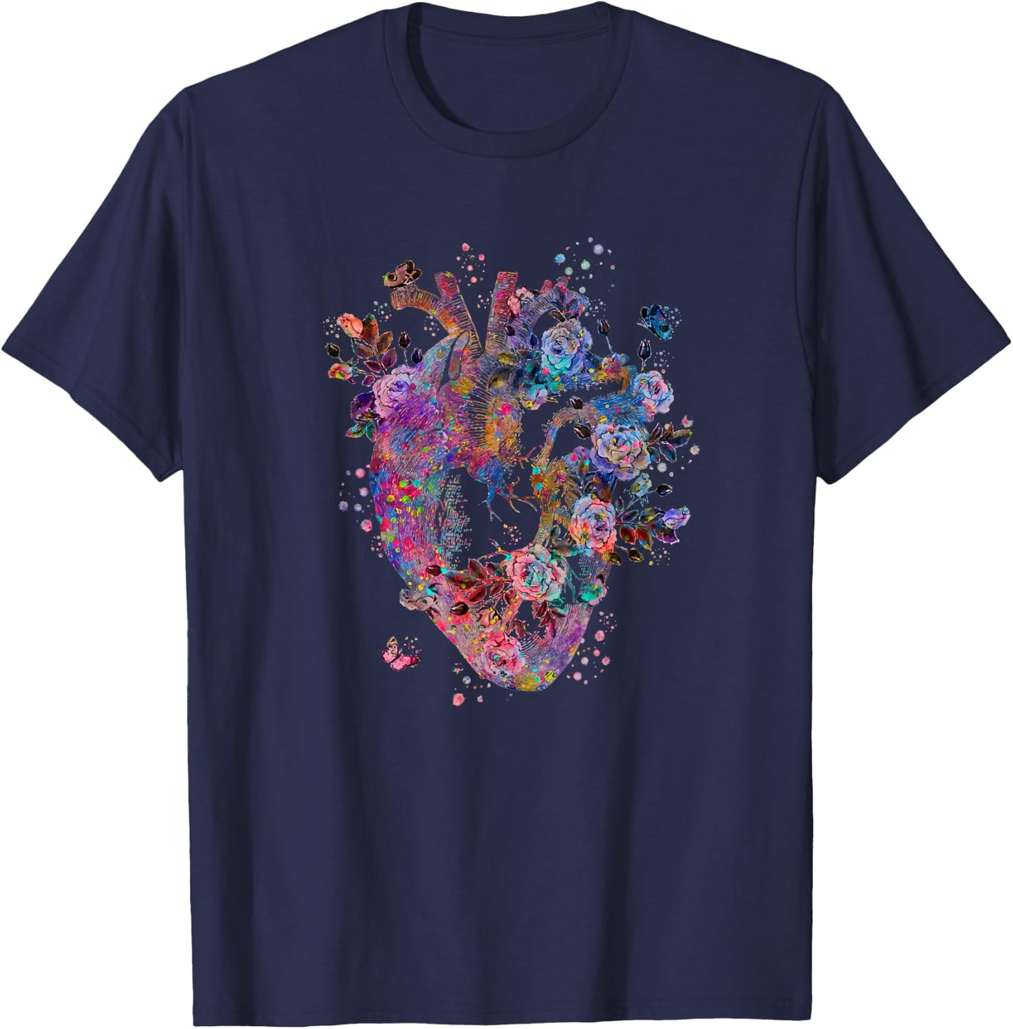 Floral Anatomical Human Heart Graphic Cardiologist Gift T-Shirt - T-Shirt | Navy