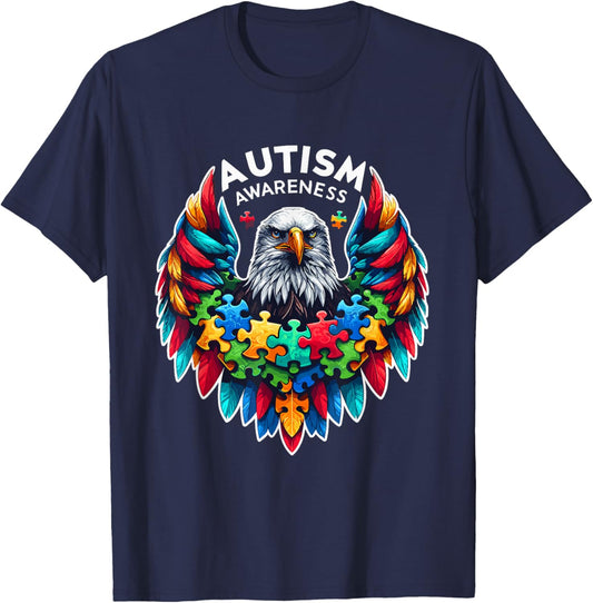 Autism Awareness puzzle pieces eagle T-Shirt - T-Shirt | Navy