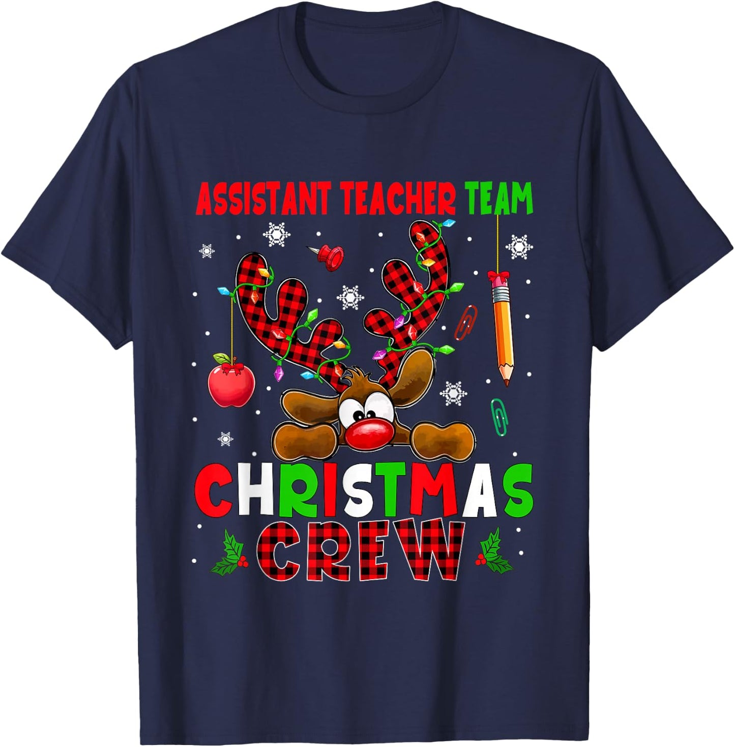 Assistant Teacher Team Christmas Crew Job Colorful Reindeer T-Shirt - T-Shirt | Navy