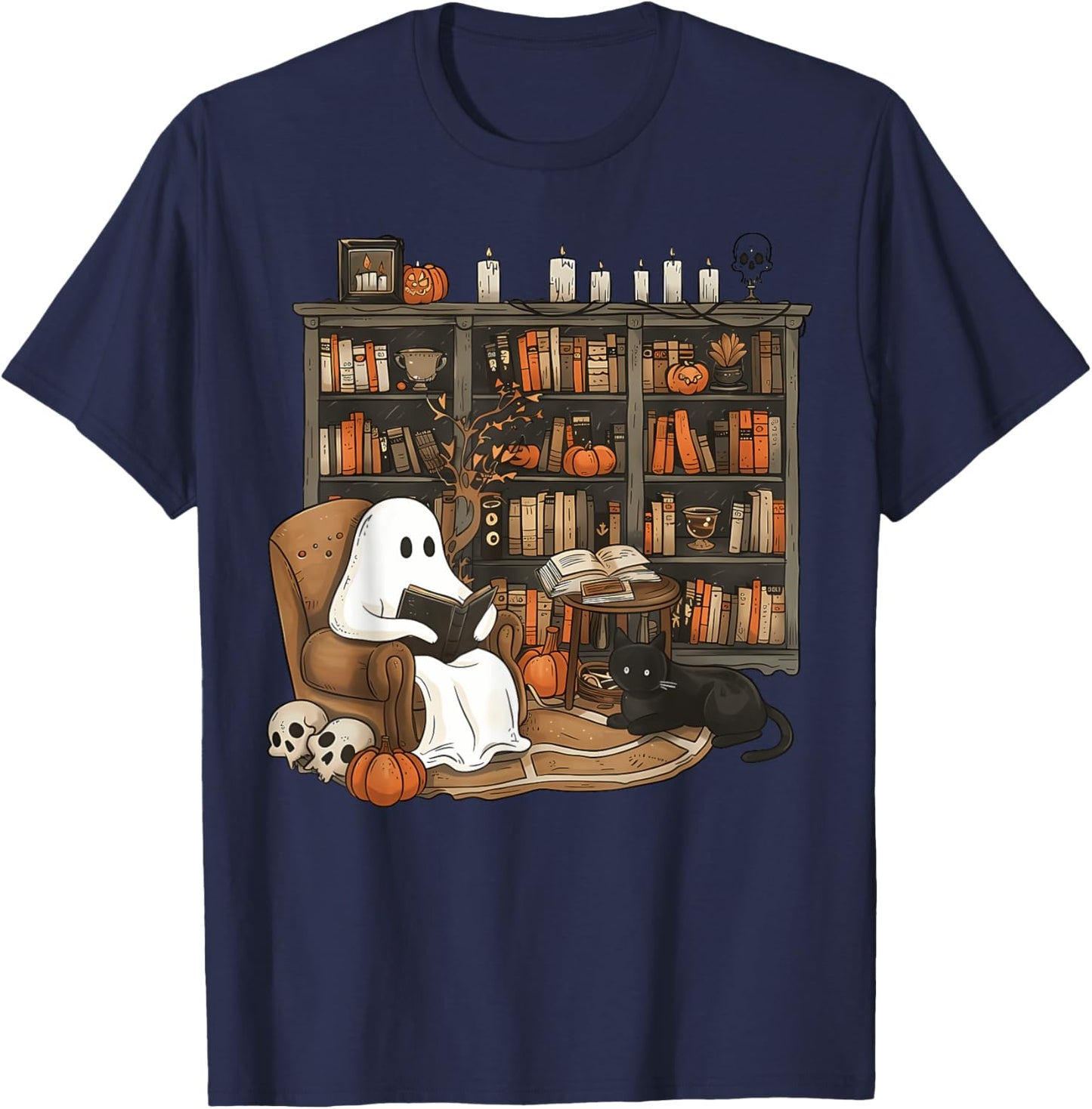 Vintage Ghost Reading Book Lovers Library Halloween Spooky T-Shirt - T-Shirt | Navy