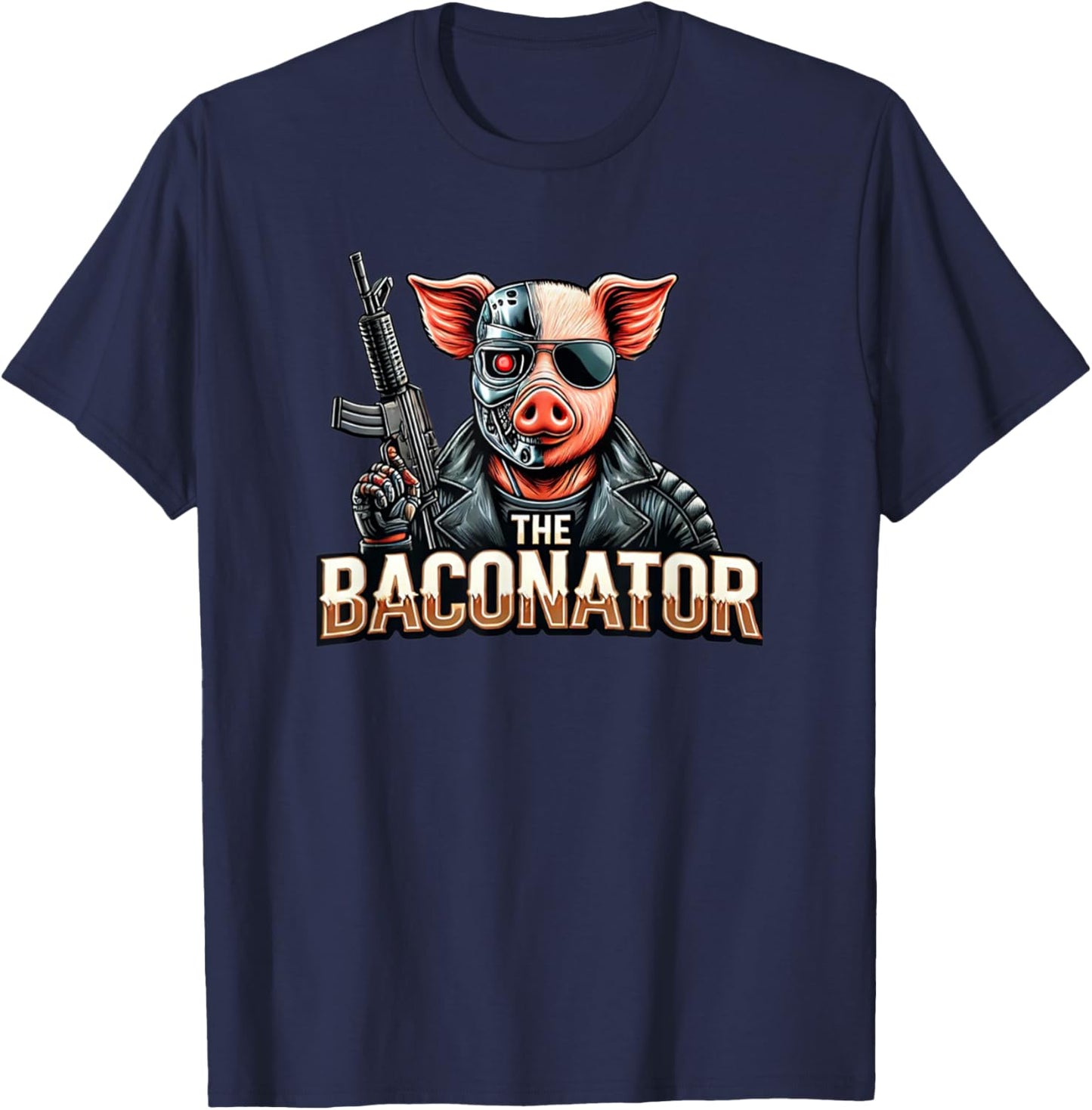 The Baconator Funny Cyborg Pig Action Hero T-Shirt - T-Shirt | Navy
