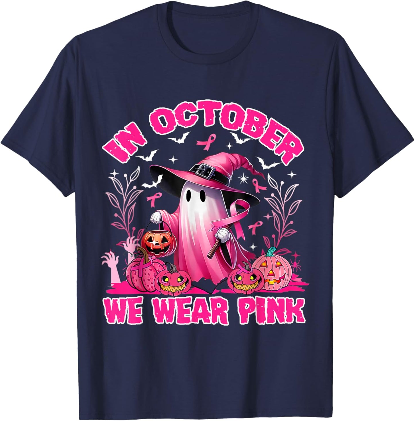 In October We Wear Pink Ghost Witch Breast Cancer Awareness T-Shirt - T-Shirt | Navy