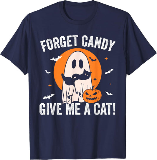 Forget Candy Give Me a Cat - Funny Black Cat Ghost Halloween T-Shirt - T-Shirt | Navy
