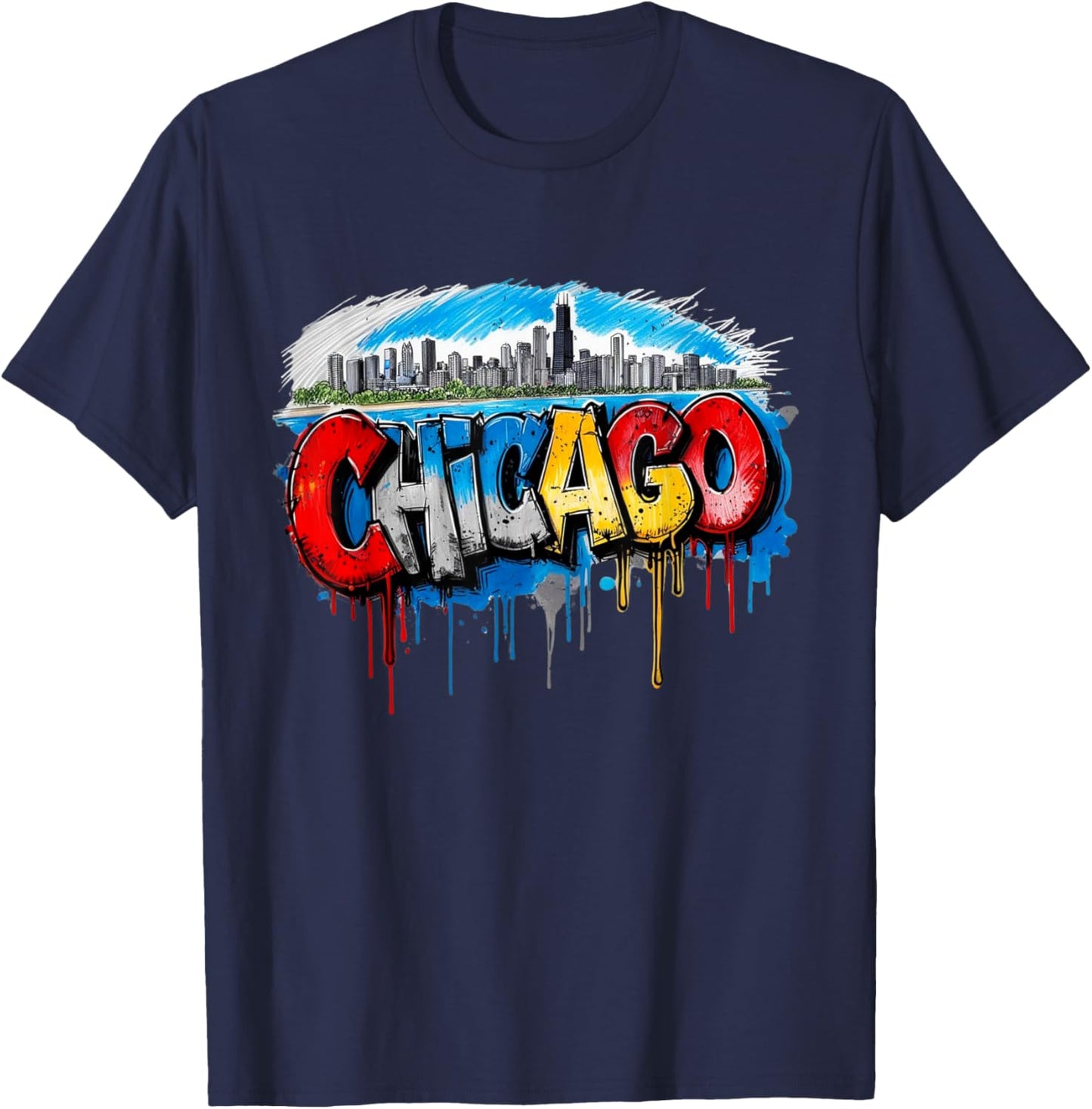 Chicago Skyline Willis Tower Chi-Town Graffiti Art T-Shirt - T-Shirt | Navy